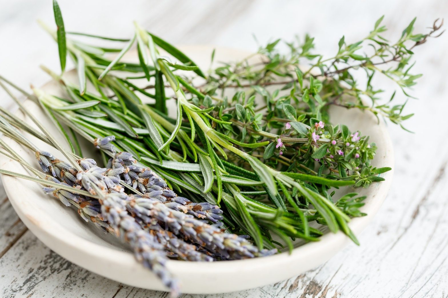 A bowl with rosemary, lavandel, Thyme